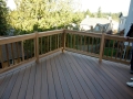 Elevated wood deck with brown boards and railing overlooking trees and neighboring homes
